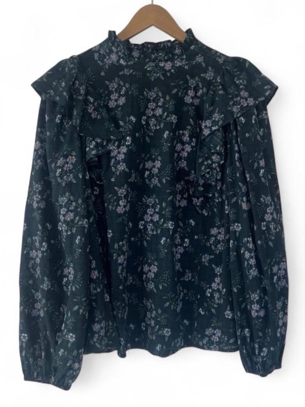 a.n.a Black Floral Ruffle High-Neck Blouse
